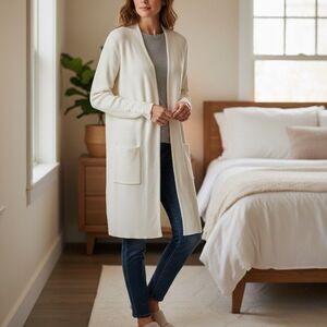 Chico's Ivory Ribbed Knit Cardigan Sz 3(XL) Long Open Pockets